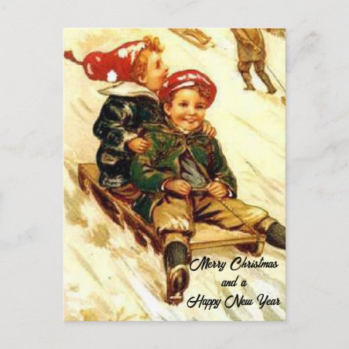 Children Fun Sledding Vintage Look Merry Christmas Postcard