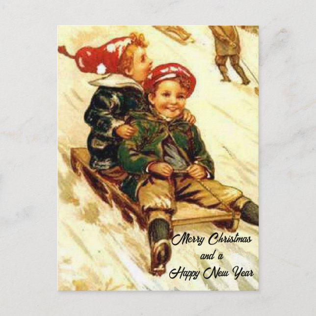 Children Fun Sledding Vintage Look Merry Christmas Postcard (Front)