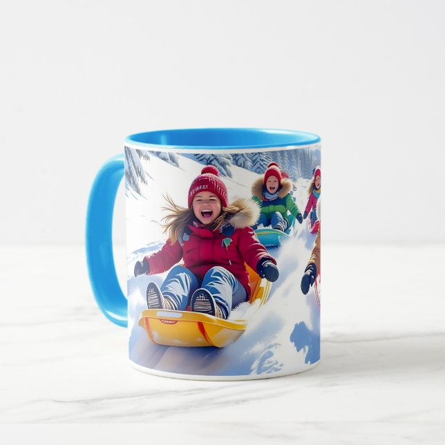 Children Gleefully Sledding Winter Fun Mug (Front Left)
