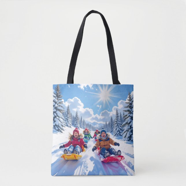 Children Gleefully Sledding Winter Fun Tote Bag (Front)