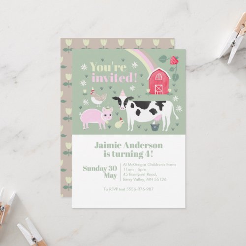 Children Green Fun Farm Animal Cow Birthday Invitation