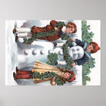 Children Hanging Holly Garland Snowman Poster at Zazzle