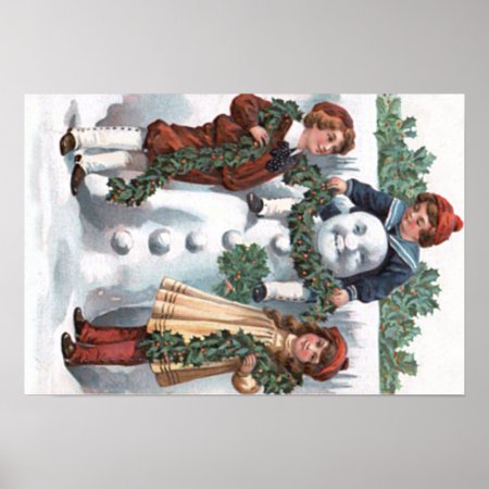 Children Hanging Holly Garland Snowman Poster