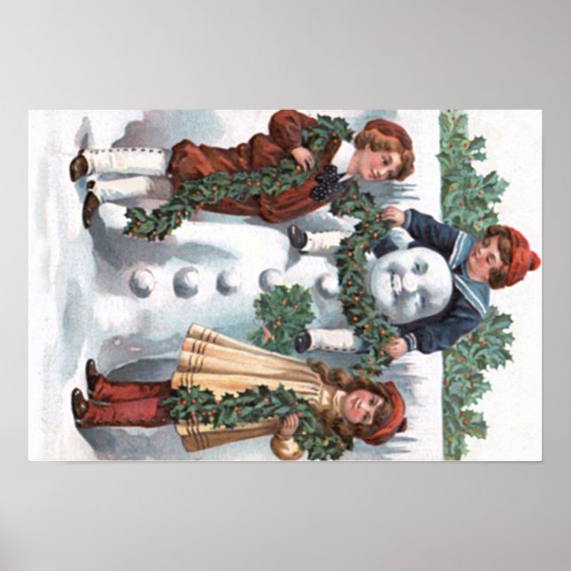 Children Hanging Holly Garland Snowman Poster (Front)