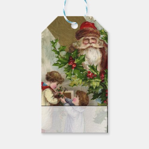 Children Hanging Holly With Vintage Santa Claus Gift Tags