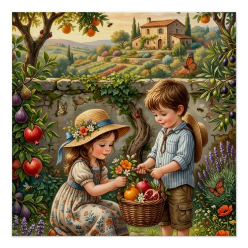 Children Harvesting Apples In Rustic Countryside G Poster