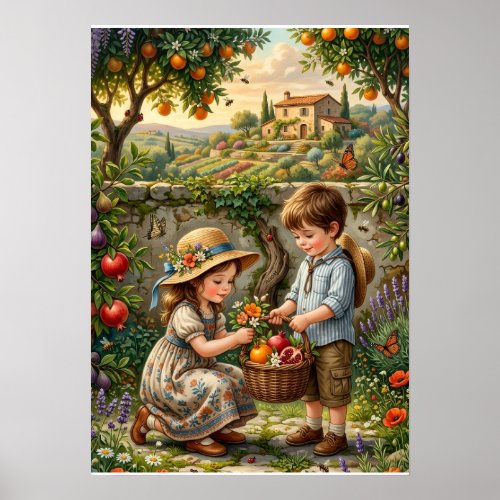 Children Harvesting Apples In Rustic Countryside G Poster