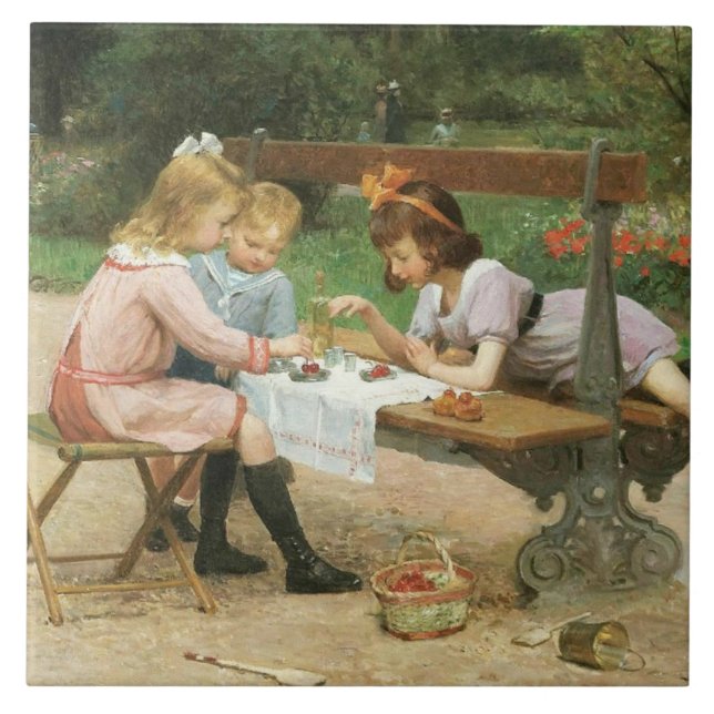 Children Having Afternoon Tea in the Park Ceramic Tile (Front)