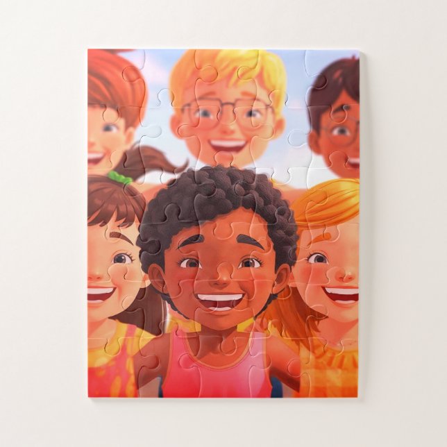 Children Having Fun Together on a 30 Piece Puzzle (Vertical)