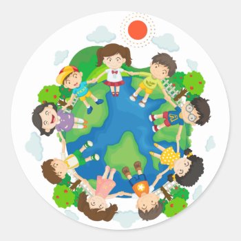 Children Holding Hands Around The Earth Classic Round Sticker by GraphicsRF at Zazzle