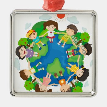 Children Holding Hands Around The Earth Metal Ornament by GraphicsRF at Zazzle