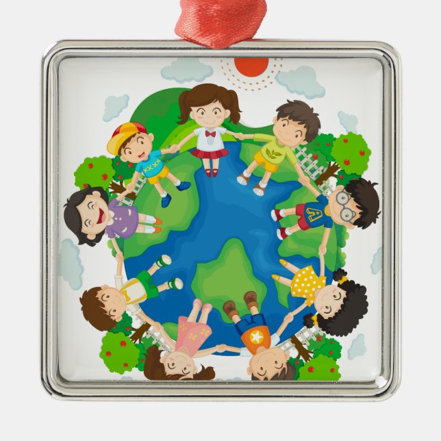 Children holding hands around the earth metal ornament (Front)