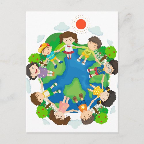 Children holding hands around the earth postcard