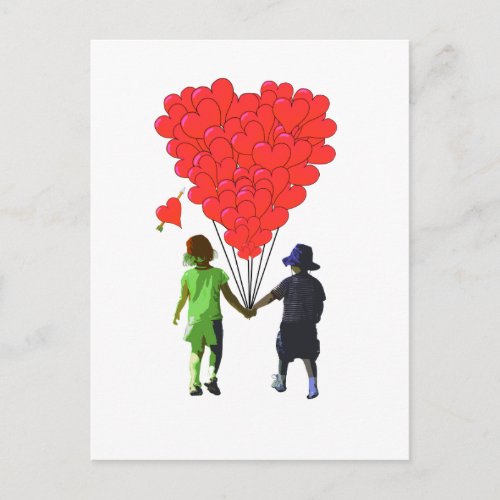 Children holding hands  heart shaped balloons postcard