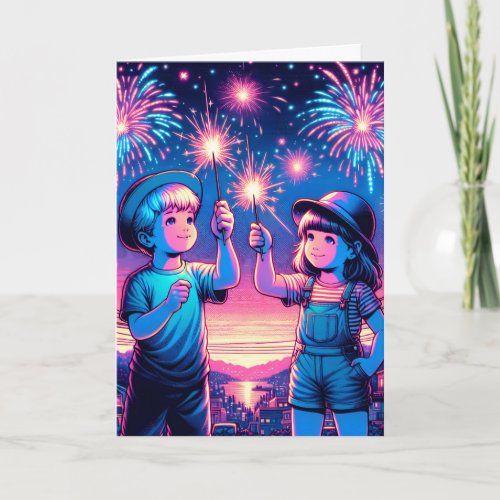 Children Holding up Fireworks on July 4th Card
