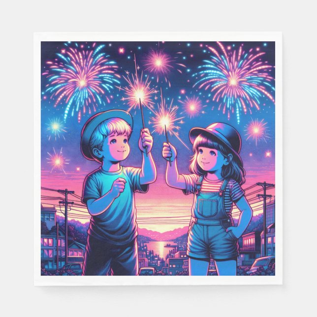Children Holding up Fireworks on July 4th Napkins (Front)