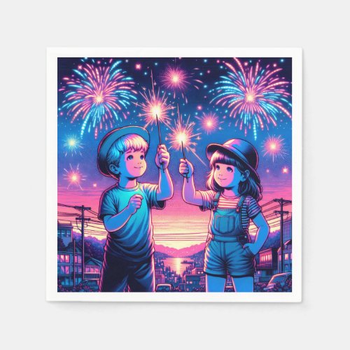 Children Holding up Fireworks on July 4th Napkins