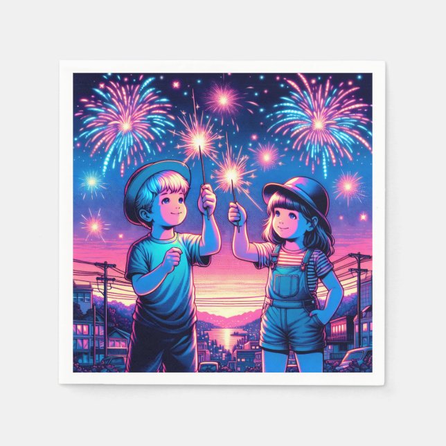 Children Holding up Fireworks on July 4th Napkins (Front)