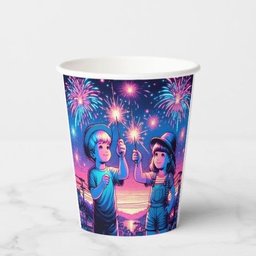 Children Holding up Fireworks on July 4th Paper Cups