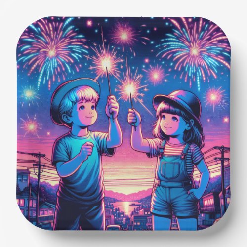 Children Holding up Fireworks on July 4th Paper Plates