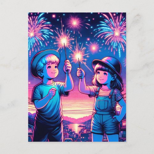 Children Holding up Fireworks on July 4th Postcard