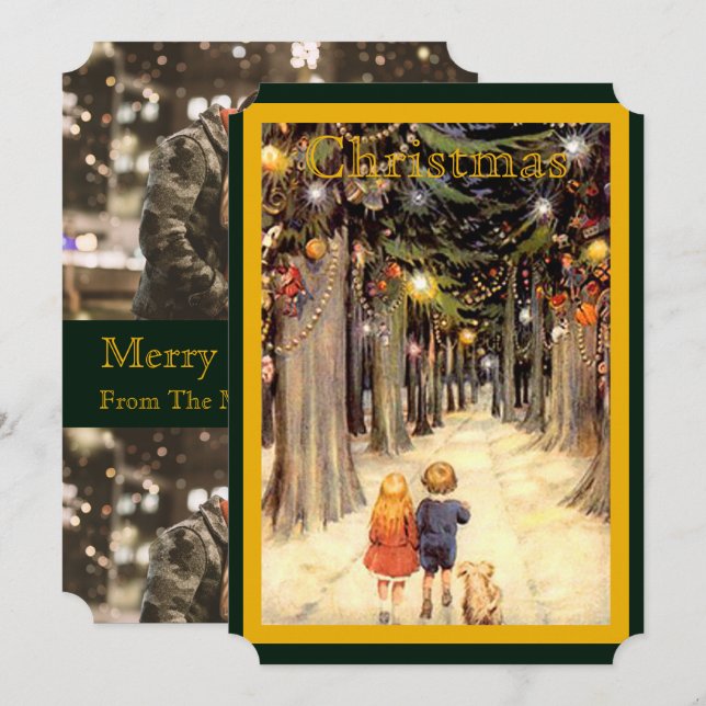 Children in Christmas Lane Flat Photocard Invitation (Front/Back)