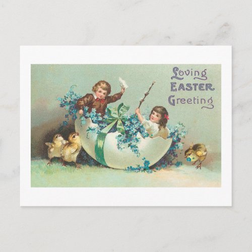Children in Floral Eggshell Boat Vintage Postcard