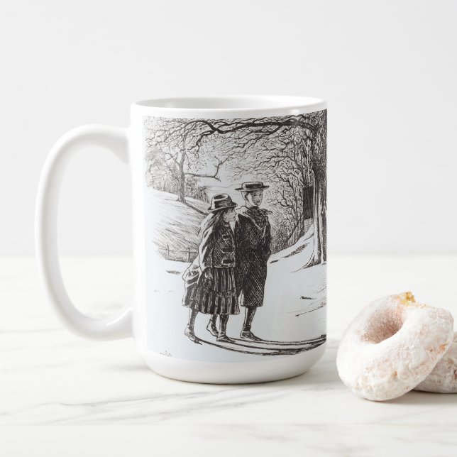 CHILDREN IN THE SNOW Vintage Art Christmas Mug (With Donut)