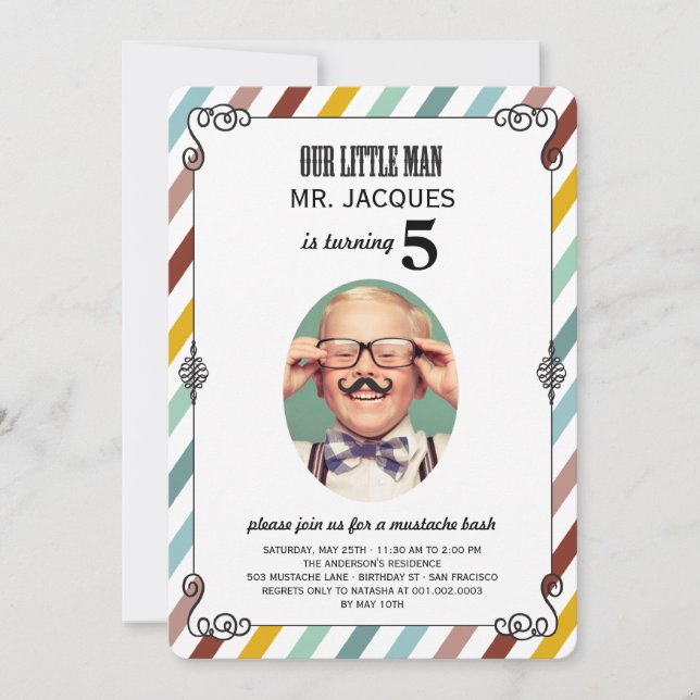 Children Kids Mustache Birthday Party Photo Invite (Front)