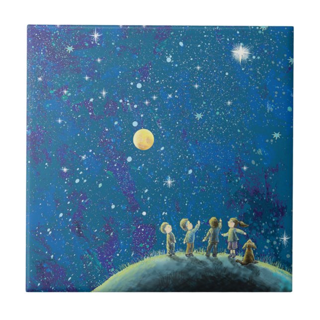 Children Looking At Night Sky  Ceramic Tile (Front)