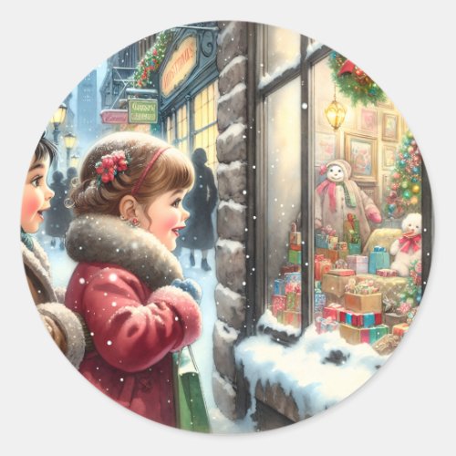 Children Looking into a Christmas Window Classic Round Sticker