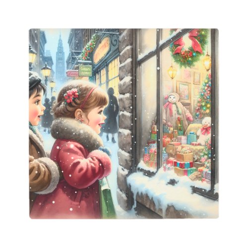 Children Looking into a Christmas Window Holiday Metal Print