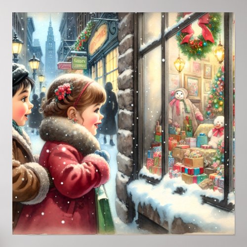 Children Looking into a Christmas Window Holiday Poster