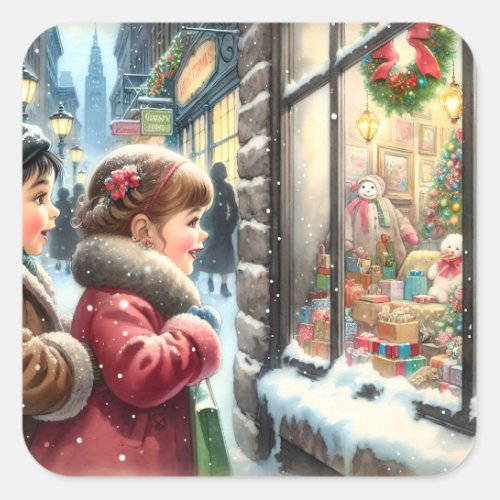 Children Looking into a Christmas Window Square Sticker