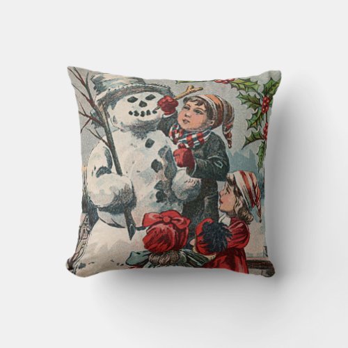 Children Making Snowman Holly Throw Pillow