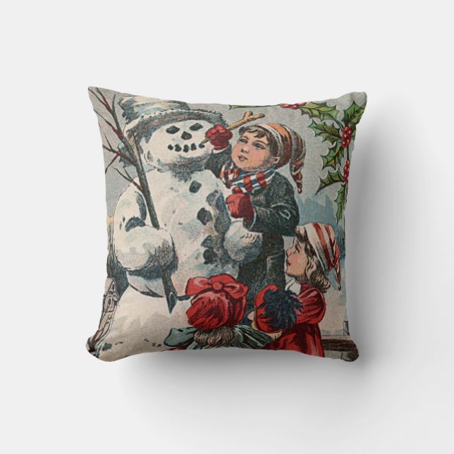 Children Making Snowman Holly Throw Pillow (Front)