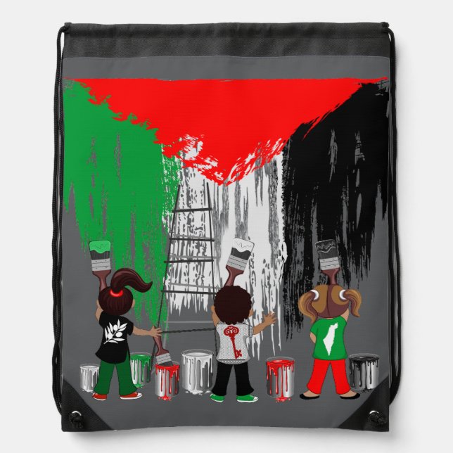 Children of Gaza Painting Palestine Flag  Drawstring Bag (Front)
