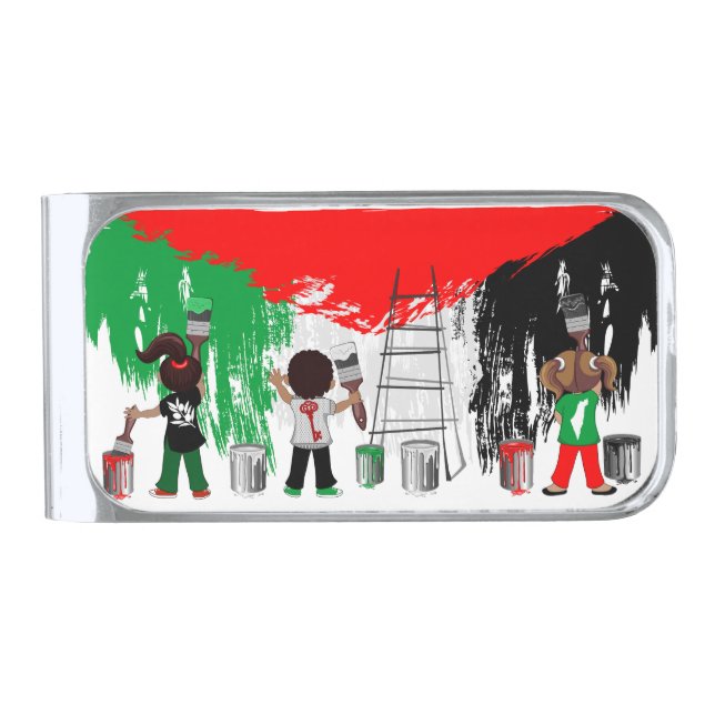 Children of Gaza Painting Palestine Flag  Silver Finish Money Clip (Front)