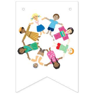 Children of the world holding hands bunting flags