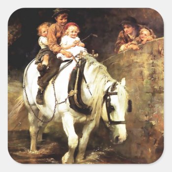 Children On A Horse Painting Square Sticker by EDDESIGNS at Zazzle