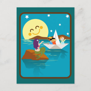 Children on a paper boat waving to a mermaid. postcard