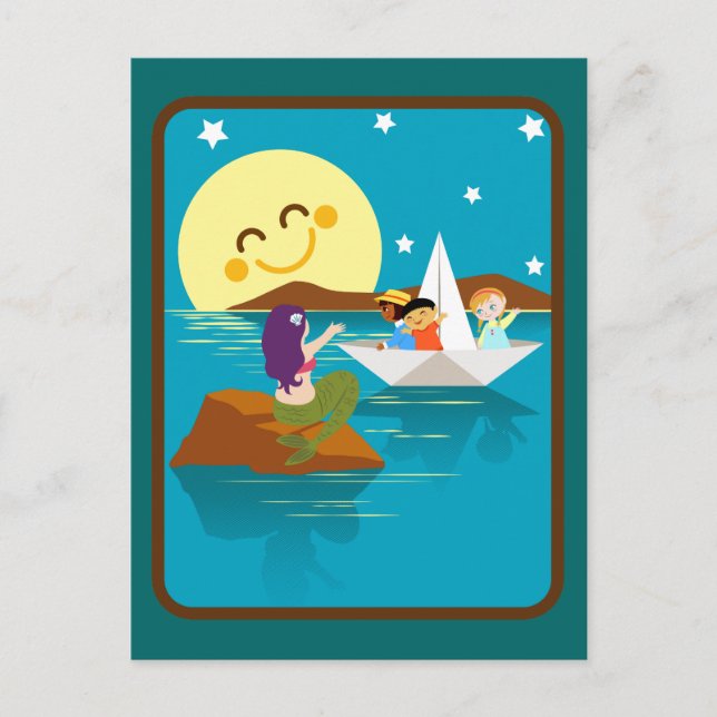 Children on a paper boat waving to a mermaid. postcard (Front)