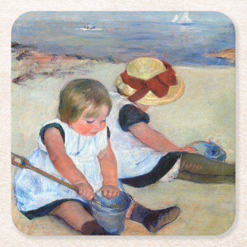 Children on the Beach Cassatt Square Paper Coaster