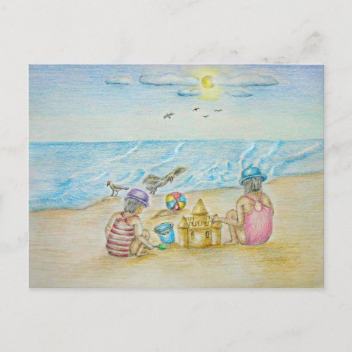 children on the beach postcard