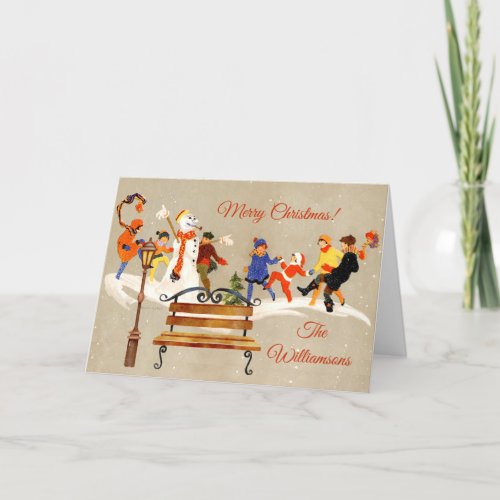 Children Play in Snow Charming Art Deco Name Holiday Card