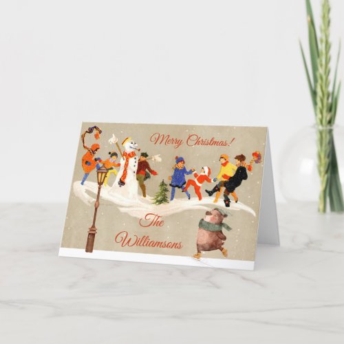 Children Play in Snow charming Skating Bear Holiday Card