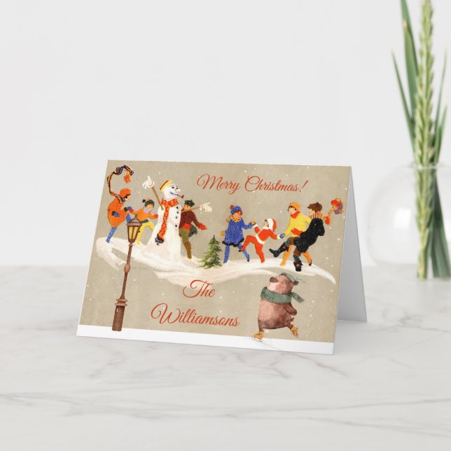 Children Play in Snow charming Skating Bear Holiday Card (Front)