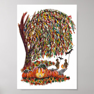 Children Playing Bats Halloween Watercolor Poster