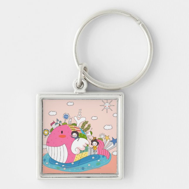 Children playing by fish in pond keychain (Front)