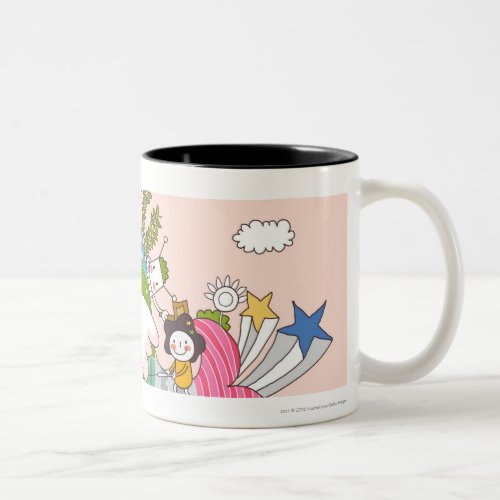 Children playing by fish in pond Two_Tone coffee mug